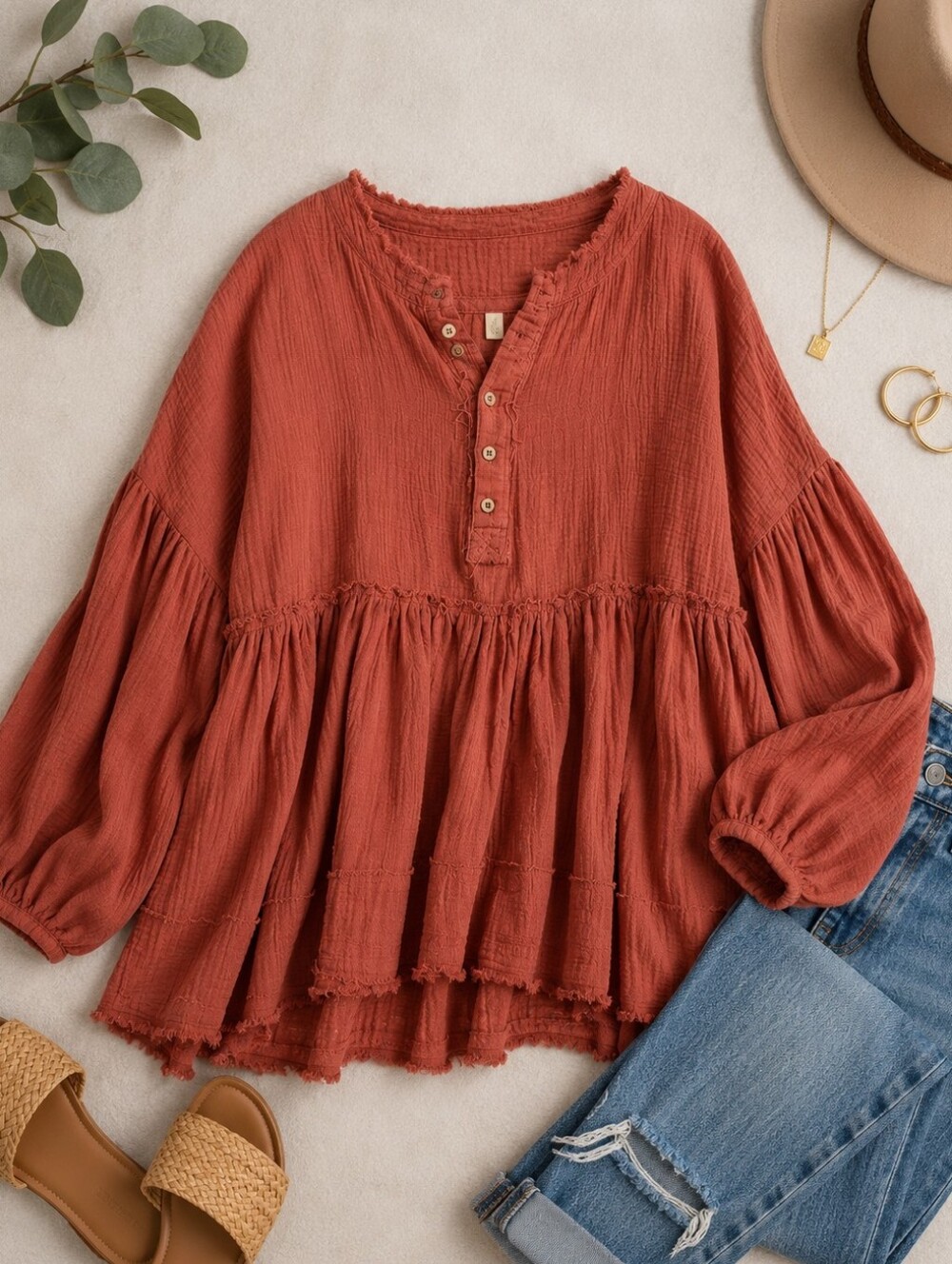 Free People Terracotta Ruffle Peplum Tunic - OVERSIZED